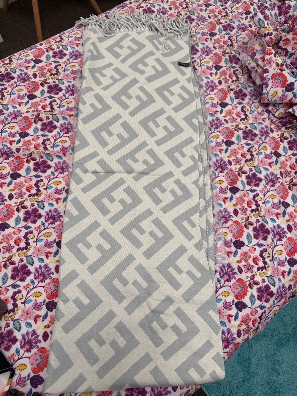 Fendi Cream and Gray FF Logo Scarf with Fringe